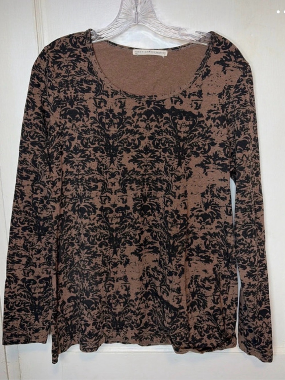 Peruvian Connection Size Large Brown & Black Printed Long-Sleeve Women's Top